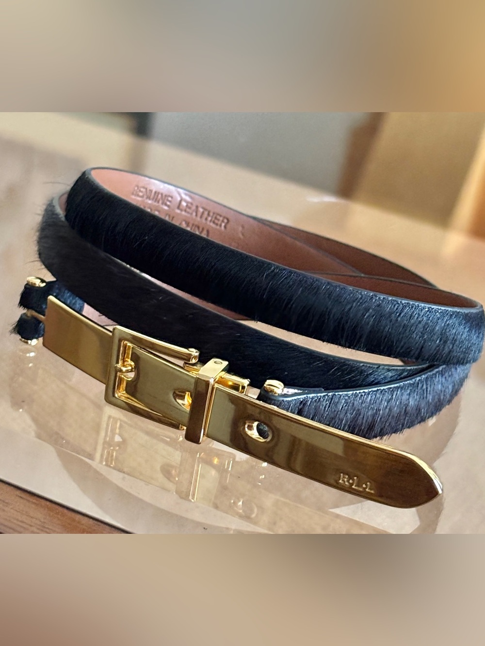 Vintage LRL RALPH LAUREN Monogrammed Black Calf Hair Leather Skinny Belt - L